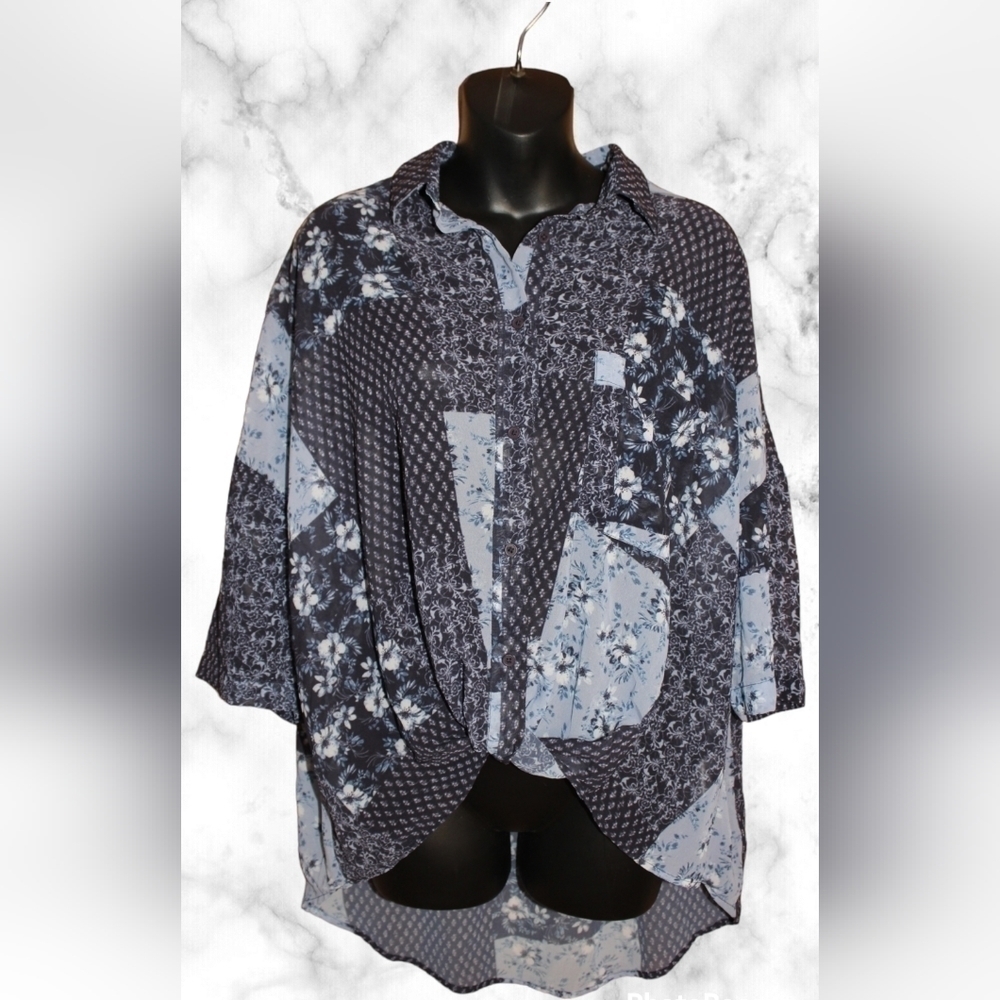 FRENCH Connection Floral Patchwork Sheered Blouse with Tied Front Hem